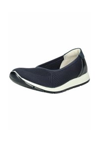 Chaussure slip-on marine avec une tige en tricot respirant, un motif texturé, un bout arrondi, un capuchon en caoutchouc noir et une semelle intermédiaire blanche, dotée d'une semelle flexible.