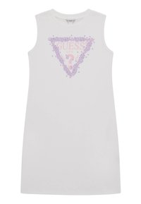 Valkoinen hihaton mekko, jossa on vaaleanpunaisista ja laventelin sävyistä koostuva kolmion muotoinen graafinen kuvio, koristellut pisteet, logoteksti keskellä ja pyöreä pääntie.