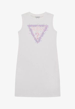 Biała sukienka bez rękawów z trójkątną grafiką w odcieniach różu i lawendy, ozdobnymi kropkami, logo umieszczonym na środku oraz okrągłym dekoltem.