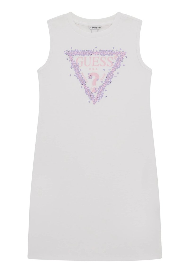 Valkoinen hihaton mekko, jossa on vaaleanpunaisista ja laventelin sävyistä koostuva kolmion muotoinen graafinen kuvio, koristellut pisteet, logoteksti keskellä ja pyöreä pääntie.