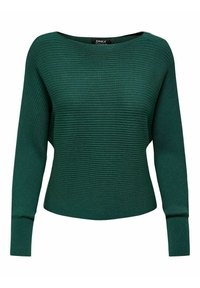 Pull en tricot côtelé vert foncé avec de longues manches et un large col bateau, ajusté à la taille et aux poignets.