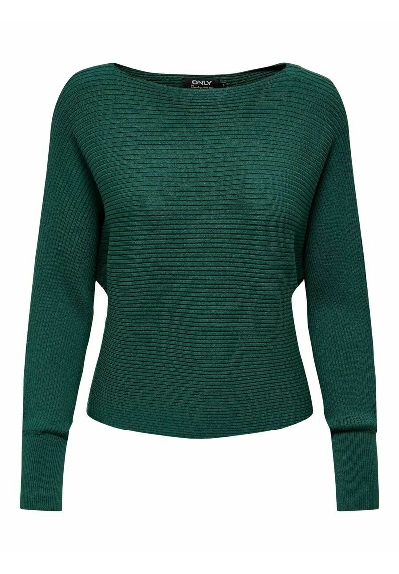 Pull en tricot côtelé vert foncé avec de longues manches et un large col bateau, ajusté à la taille et aux poignets.