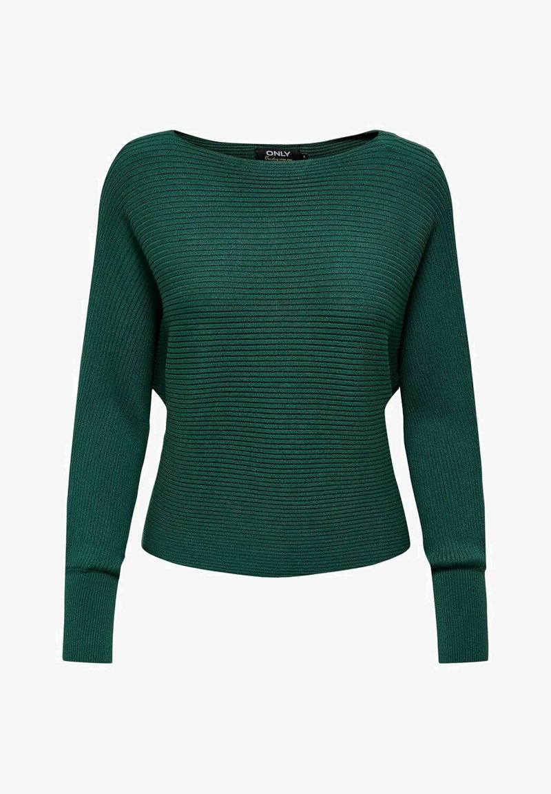 Pull en tricot côtelé vert foncé avec de longues manches et un large col bateau, ajusté à la taille et aux poignets.