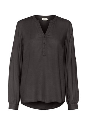 Black long-sleeve blouse made of lightweight fabric, featuring a V-neck, button placket, and gathered cuffs. Rounded hem design.