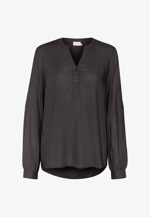 Schwarze Bluse mit langen Ärmeln aus leichtem Stoff, mit V-Ausschnitt, Knopfleiste und gerafften Manschetten. Abgerundeter Saum.