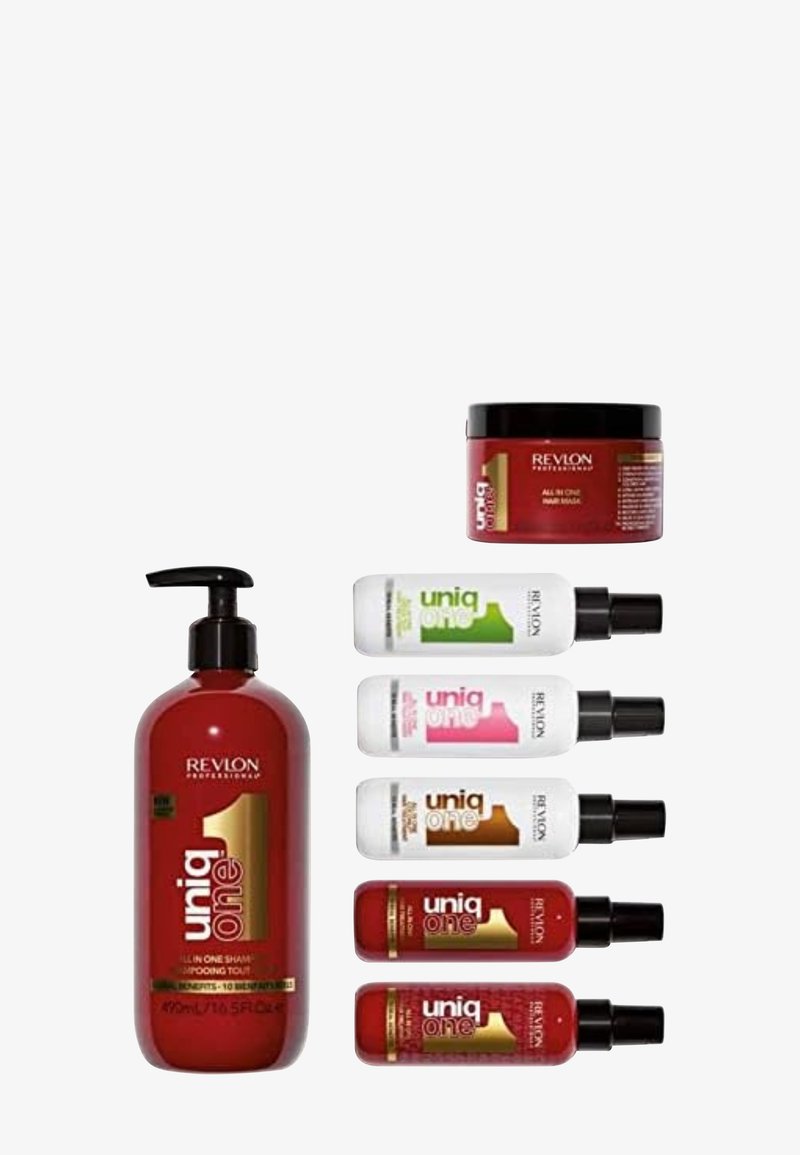 Deux grandes bouteilles rouges et six plus petites bouteilles de produits capillaires avec des étiquettes de différentes couleurs, présentant la marque "Revlon Uniq One".