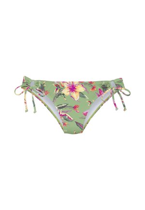 Blumiger Bikini-Unterteil mit grünem Grund und rosa sowie gelben Blumen. Mit verstellbaren Knoten an den Seiten für eine anpassbare Passform gestaltet.