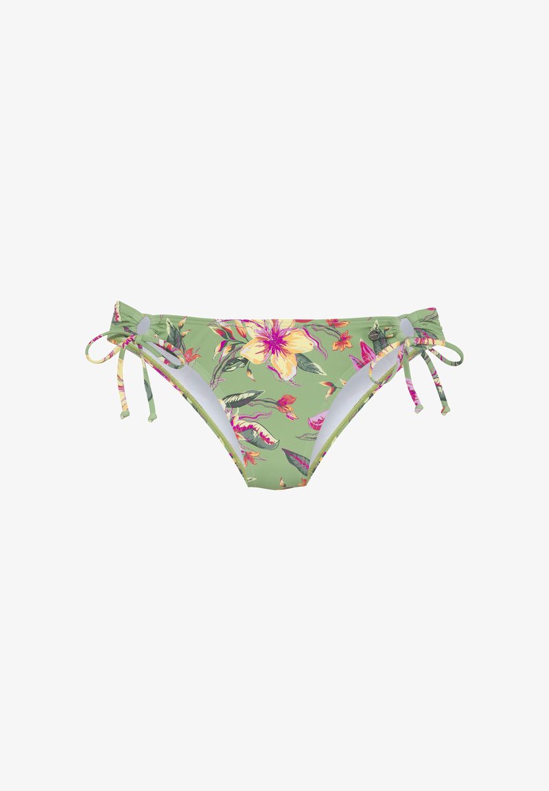 Floral bikini bottom featuring a green base with pink and yellow flowers. Designed with adjustable tie sides for a customizable fit.