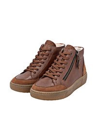 Braune High-Top-Sneaker aus Leder und Wildleder, mit Schnürung und Reißverschluss, strukturiertem Obermaterial und dicker Gummisohle.