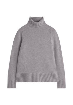 Jersey de color gris con cuello y puños acanalados, hecho de material de punto suave. Presenta costuras de hombro caídas y un corte relajado.