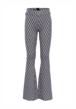Navyblauwe en crèmekleurige geprinte flare broek met een geometrisch ontwerp, elastische tailleband en een aansluitende silhouet die uitloopt in een brede flare.