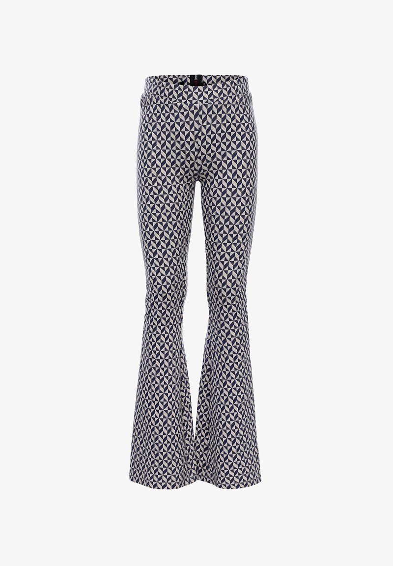 Navyblauwe en crèmekleurige geprinte flare broek met een geometrisch ontwerp, elastische tailleband en een aansluitende silhouet die uitloopt in een brede flare.