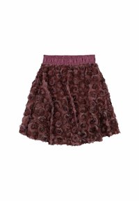 Burgundy kjol med ett texturerat ros-mönster på överlaget, elastisk midja och en utsvängd silhuett. Tillverkad av tyll.