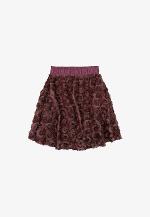Bordowa spódnica z teksturowanym nakładką w wzór róż, elastycznym paskiem i rozkloszowanym krojem. Wykonana z materiału tiulowego.