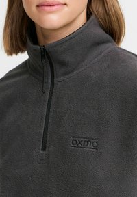 Pullover grigio in pile con colletto alto, chiusura a mezza zip e logo marchiato. Tessuto testurizzato con una finitura morbida.