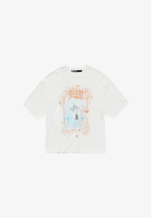 T-shirt blanc à manches courtes avec un design graphique orange, comprenant le mot "BIMBI" et une illustration sur fond bleu.