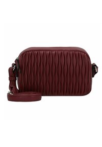 Rote, gesteppten Kunstleder-Crossbody-Tasche mit abgerundeten Kanten, verstellbarem Tragegurt und Reißverschluss. Das strukturierte Muster sorgt für visuelles Interesse.