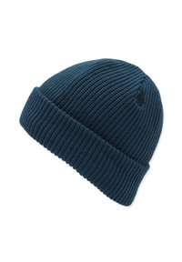 Bonnet en tricot côtelé couleur sarcelle foncé, avec un revers et un petit accent logo noir sur le côté. Fabriqué à partir d'un tissu doux et texturé.