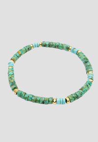 Turquoise beaded bracelet featuring cylindrical stones, alternating with small gold accents and light blue beads. Circular design.