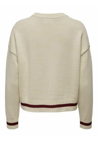 Beżowy sweter dziany z ribbowym wykończeniem. Posiada bordowe paski w talii i przy mankietach, luźny krój z opadającymi ramionami.