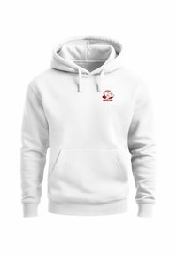 White hoodie with a kangaroo pocket, adjustable drawstring hood, and a small red embroidered logo on the chest, made from soft fabric.