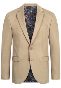 Beiger Herrenblazer mit zwei Knöpfen, Klappentaschen und einer paisley-musterierten navy Futter mit orange- und weißen Blumenmotiven.