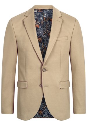 Beige men's blazer with two buttons, flap pockets, and paisley-patterned navy lining with orange and white floral designs.