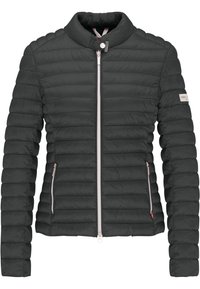 Puff jacket in dark gray, made of a quilted material. Features a stand collar, front zipper, and two side pockets with zippers.