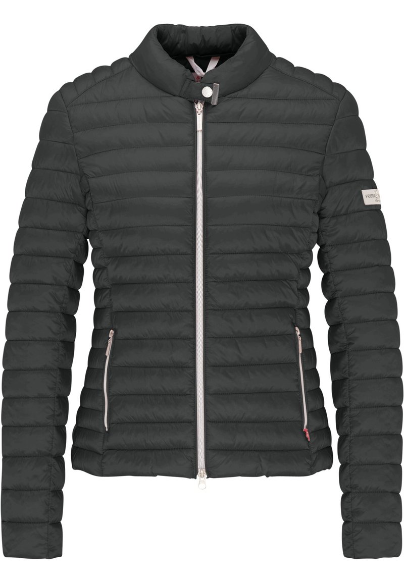 Puff jacket in dark gray, made of a quilted material. Features a stand collar, front zipper, and two side pockets with zippers.