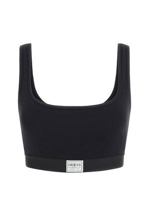 Sujetador corto negro de canalé con una banda ancha y una etiqueta de marca. Tiene un escote cuadrado y tirantes gruesos para mayor soporte.