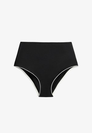 Schwarzer Bikini-Slip mit hoher Taille, weißem Besatz an den Beingesäßen, glattem Stoff und schlichtem Design auf weißem Hintergrund.