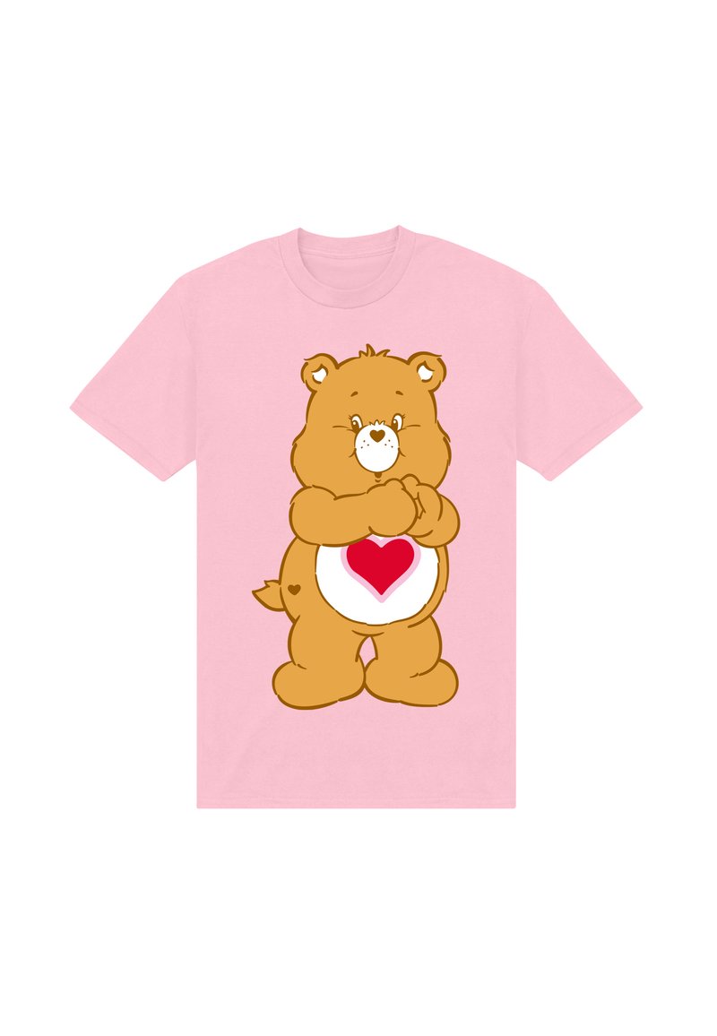 Ljusrosa t-shirt med en tecknad björn med ett hjärta på magen, tillverkad av bomull med rund hals och korta ärmar.