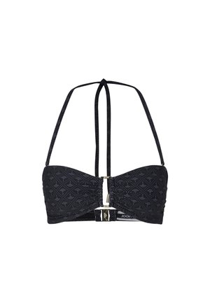 Schwarzer Bikini-Oberteil mit strukturiertem Muster, Halterneck-Bindungen und einem Verschluss mit goldenen Beschlägen vorne.