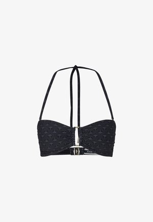 Schwarzer Bikini-Oberteil mit strukturiertem Muster, Halterneck-Bindungen und einem Verschluss mit goldenen Beschlägen vorne.