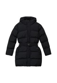 Zwarte pufferjas met een capuchon, voorzien van een ceintuur in de taille en een geraffineerde quiltstructuur. Inclusief twee ritszakken aan de voorkant.