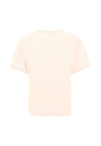 Koszulka z krótkim rękawem w miękkim, jasnoróżowym kolorze, z okrągłym dekoltem, prosty wzór, gładka faktura, bez ozdób ani wzorów.