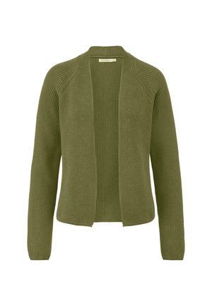 Olijfgroene cardigan met een textuur gebreid patroon, open voorkant, lange mouwen en geribbelde details langs het lichaam.