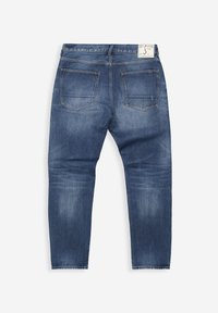 Jeans aus Denim mit einer mittleren blauen Waschung, ausgestattet mit fünf Taschen, einem Knopfverschluss und subtilen Ausbleichungen an den Oberschenkeln und Knien.