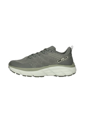 Grå atletiksneaker med strikket overdel, snørelukning, tyk hvid sål og CMP-logo på siden, vist fra ydersiden.