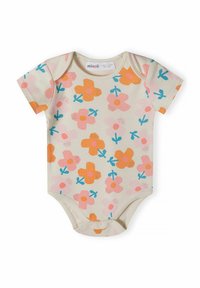 Bodysuit za bebe s kratkim rukavima u krem boji s cvjetnim uzorkom u narančastoj, ružičastoj i plavoj boji. Ima okrugli izrez i kopčanje na dnu.