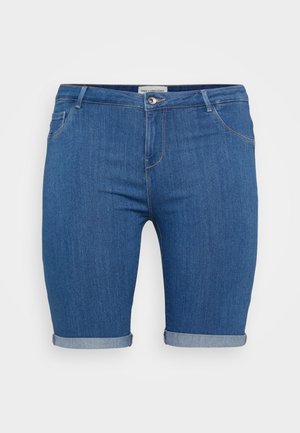 Blue denim shorts with a straight cut, featuring rolled hems and traditional five-pocket styling. Includes a front button and zipper closure.