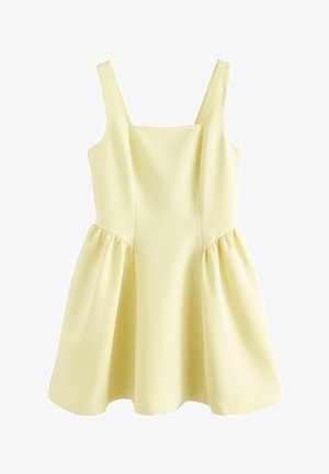 Light yellow sleeveless dress with square neckline and gathered skirt, made from smooth fabric.