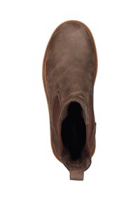 Braune Leder-Ankle-Boots mit glatter Textur, elastischen Seiteneinsätzen und runder Zehenpartie. Mit einem Ziehband für ein einfaches An- und Ausziehen.