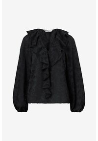 Schwarze Bluse mit langen Ärmeln, die einen gerafften V-Ausschnitt und ein strukturiertes Blumenmuster aufweist. Das Material wirkt leicht und durchsichtig.