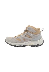 Scarpa da escursionismo alta grigia e marrone, con pannelli in rete, suola in gomma, puntale rinforzato e accenti a contrasto sui lati.