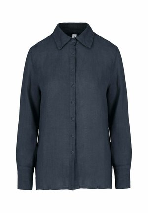 Ciemnoszara koszula z długim rękawem, zapinana na guziki, z kołnierzem, siedem guzików z przodu i prosty dół.