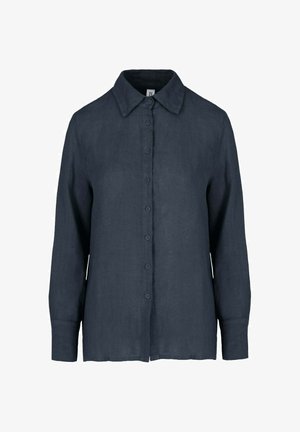 Dunkelgraues Langarmhemd mit Knopfleiste, Kragen und geradem Saum.