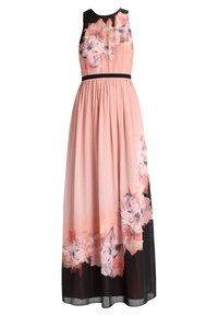 Maxikleid mit einem pinken Blumenmuster, schwarzem Taillenbund und einem einfarbigen schwarzen Saum. Der glatte Stoff sorgt für eine fließende Silhouette. Ärmelloses Design.