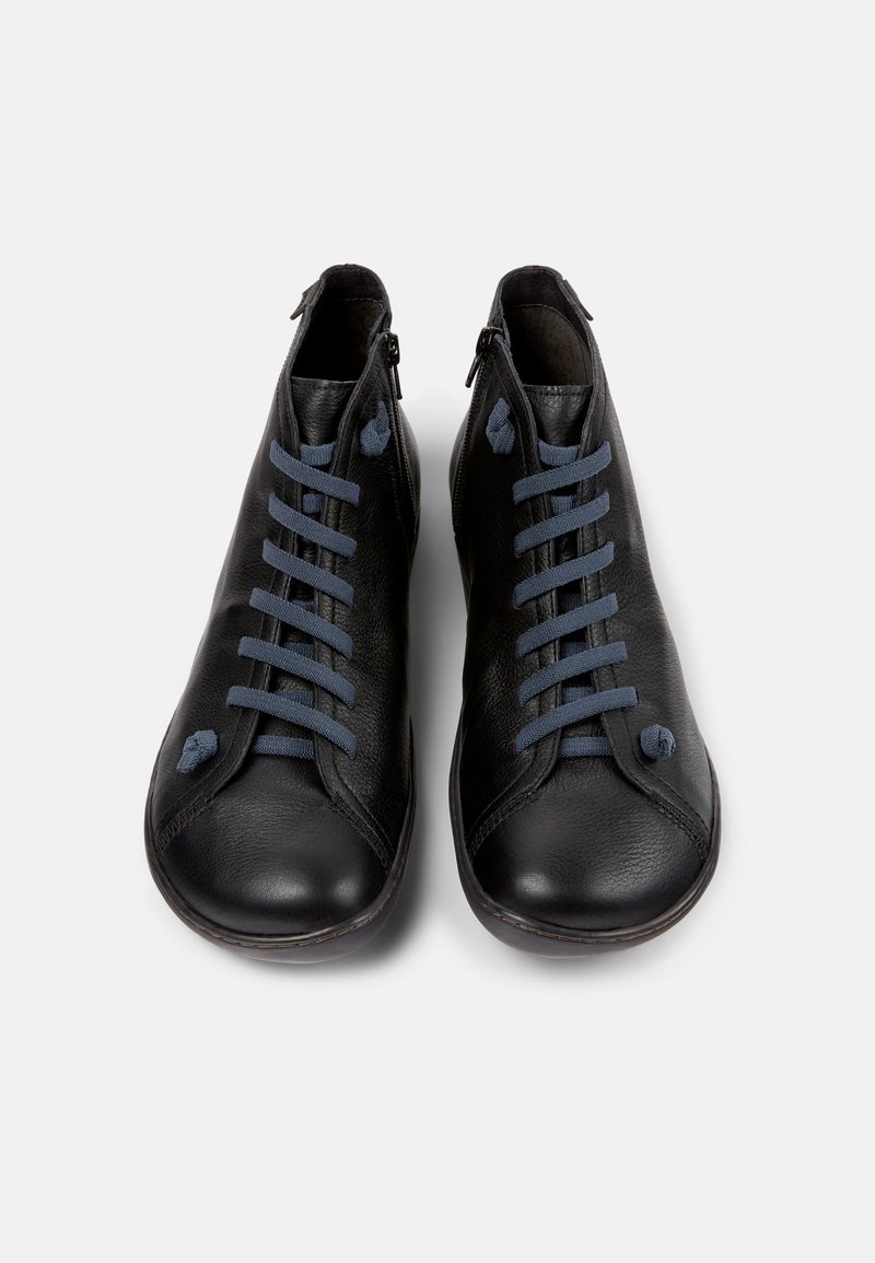 Black leather ankle boots with a smooth texture, featuring blue laces, zip closure, and rounded toe. Clean design with minimal detailing.