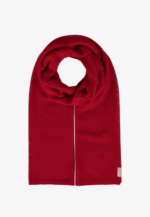 Punases villastes sall, millel on pehme tekstuur, rullitud disain ja õmblustatud servad. Ühel otsal on väike silt.